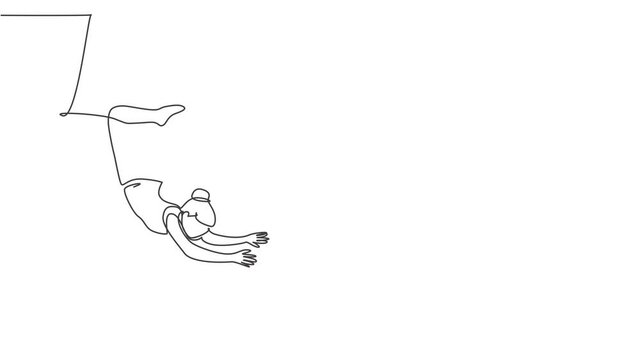 Animated self drawing of continuous one line draw a female acrobat performs on the trapeze with her legs hanging and head down while swinging her hand. Brave, agile. Full length single line animation.