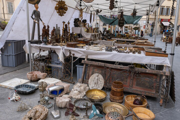 Street stalls of Antiques Market in Arezzo Italy
