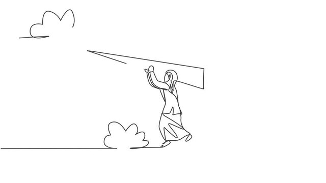 Animated self drawing of continuous one line draw young Arab female worker holding on flying paper plane. Business challenge. Minimalist metaphor concept. Full length single line animation.