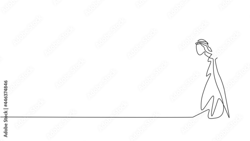 Poster self drawing animation of single one line draw young arab business man pose ready to hold attack fro