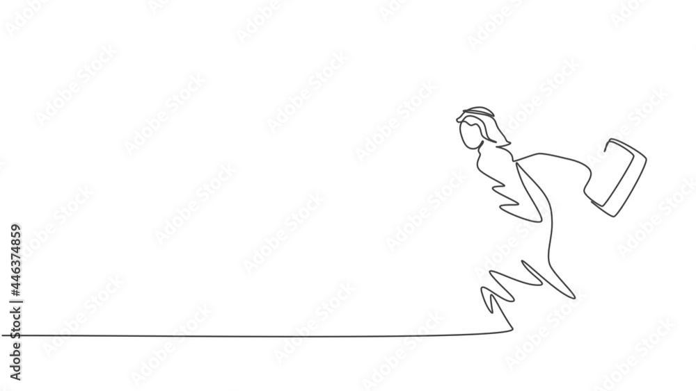 Poster Self drawing animation of single one line draw young Arab business man pose ready to run gesture. Business competition race minimal metaphor concept. Continuous line draw. Full length animated.