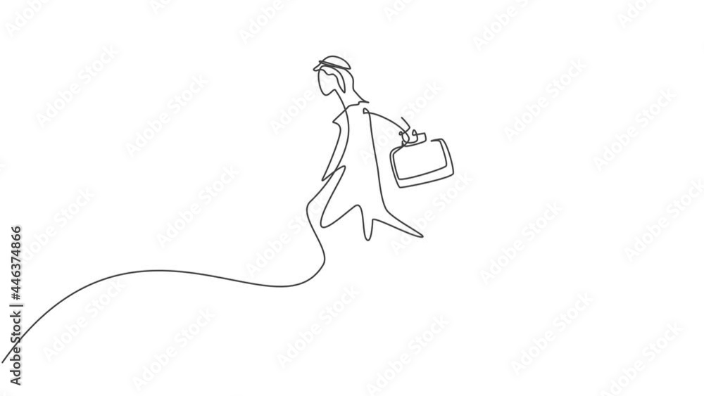 Poster self drawing animation of single continuous line draw arab businessman jumping high to the sky. succ