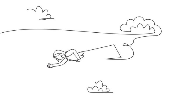 Self drawing animation of single continuous line draw professional businesswoman lay down on flying paper plane to reach target. Minimalism metaphor concept. One line draw. Full length animated.