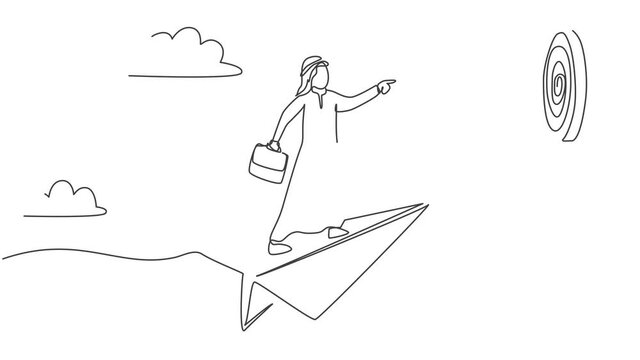 Animated self drawing of continuous one line draw young Arab male worker flying with paper plane to target on dartboard. Success manager minimalist metaphor concept. Full length single line animation.