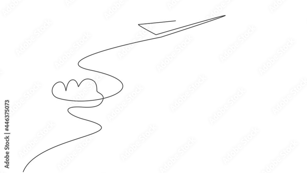 Poster self drawing animation of single continuous line draw paper plane flying through the clouds on white