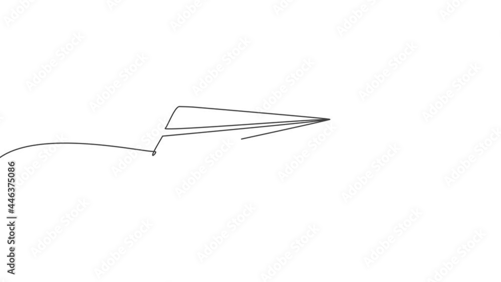 Poster animation of continuous one line drawing of paper airplane flying on the sky with white background. 