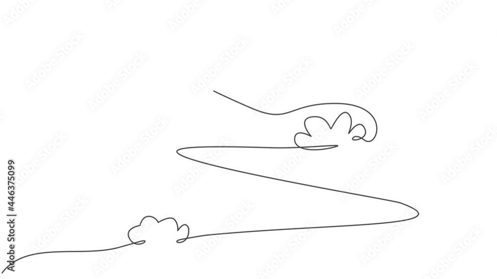 Poster self drawing animation of single continuous line draw paper plane flying high through the clouds on 