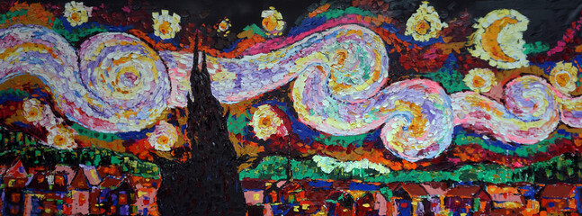 hand drawn original impressionism the starry night , brush stroke , quick flick of the oil color brush, red, yellow , blue ,green , pink by  van gogh 