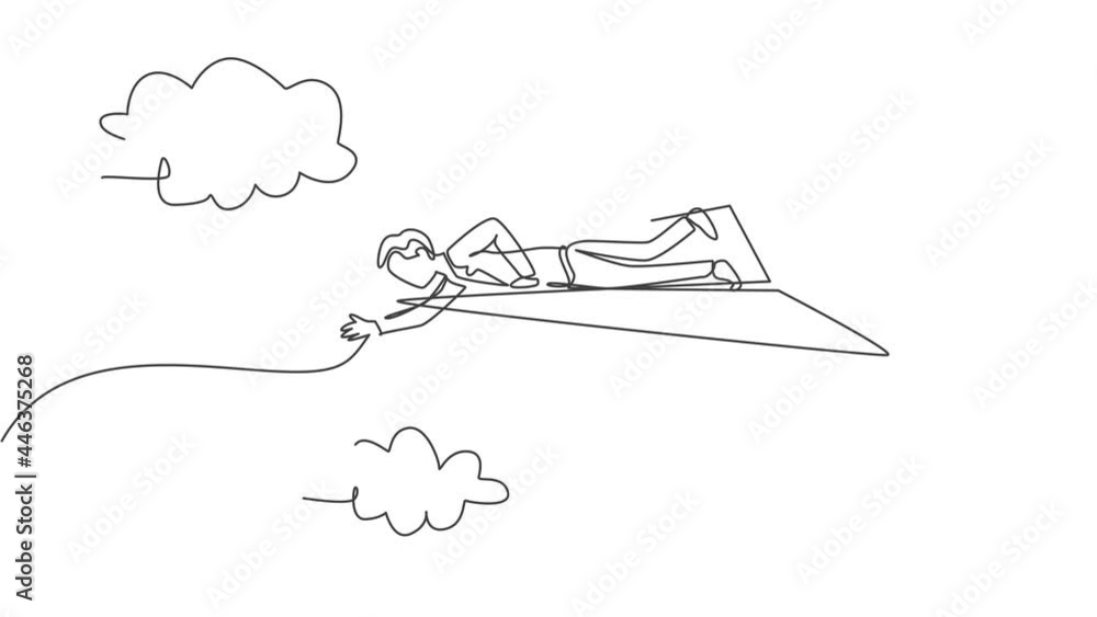 Aufkleber self drawing animation of single one line draw young smart business man lay down on flying paper air