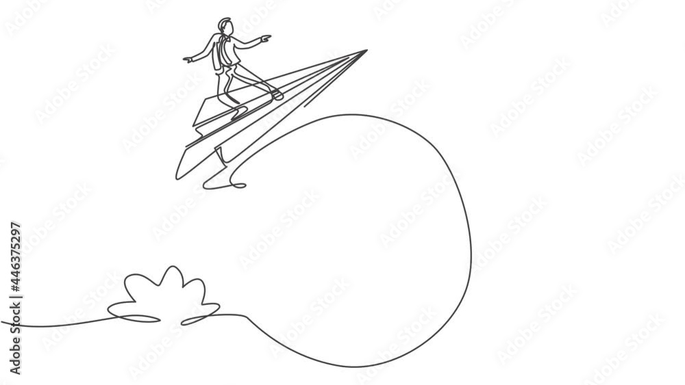 Poster self drawing animation of single one line draw young smart business man flying with paper airplane a