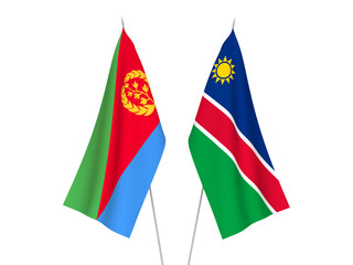 National fabric flags of Eritrea and Republic of Namibia isolated on white background. 3d rendering illustration.