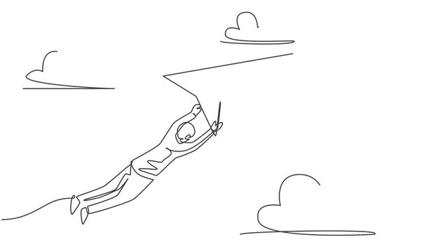 Animated self drawing of continuous one line draw young male worker hold and hang tight on flying paper airplane. Business challenge metaphor. Minimalist concept. Full length single line animation.