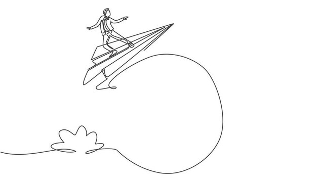 Self drawing animation of single one line draw young smart business man flying with paper airplane around the world. Business trip metaphor concept. Continuous line draw. Full length animated.