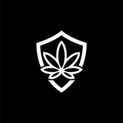 Shield and marijuana or cannabis leaf icon isolated on dark background