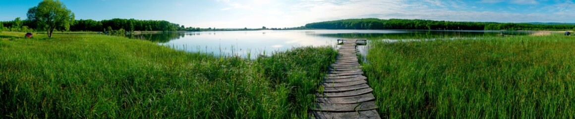 Fototapeta na wymiar Panorama of a wooden path for fishermen. Green thickets on the shore of the pond.