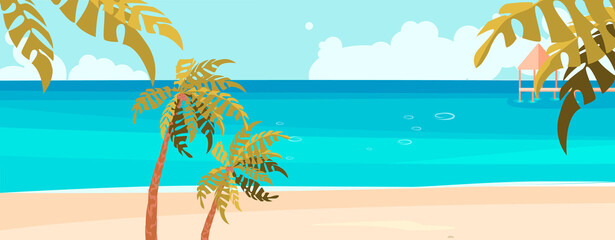 Fototapeta na wymiar Sea coast panoramic landscape with sand beach and palm trees