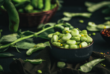 Broad bean. Fresh broad beans with spices. Green beans.