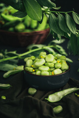 Broad bean. Fresh broad beans with spices. Green beans.