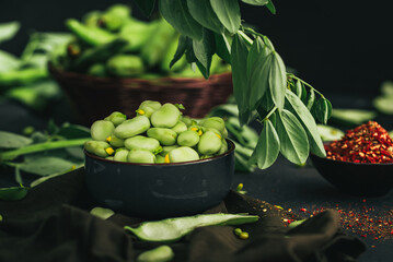 Broad bean. Fresh broad beans with spices. Green beans.