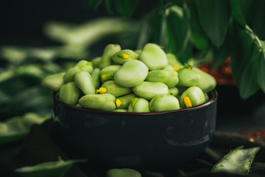 Broad bean. Fresh broad beans with spices. Green beans.