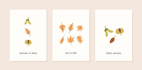 Set of autumn mood modern greeting card template with oak leaf, maple seed, chestnut, pine cone and forest plants. Trendy poster. Fall season nature minimal wall art. Vector illustration in flat style
