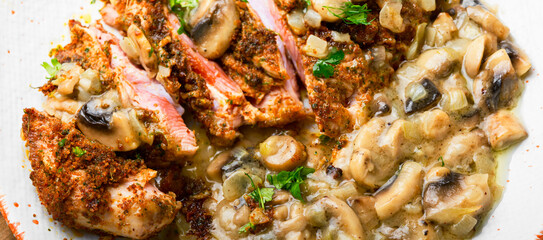 Turkey steak with fried mushrooms