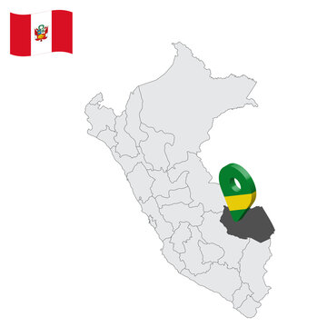 Location Department of Madre de Dios on map Peru. 3d location sign similar to the flag of Madre de Dios. Quality map  with  provinces Republic of Peru for your design. EPS10