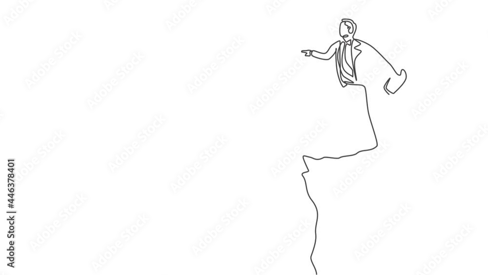 Poster self drawing animation of single one line draw young smart business man standing on the edge of the 