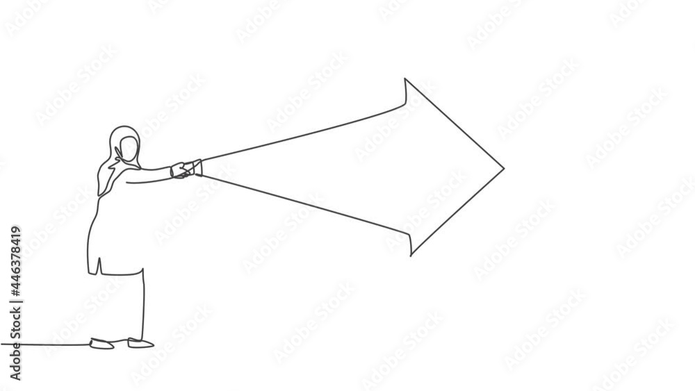 Poster self drawing animation of single one line draw young arabian businesswoman light way with forward ar