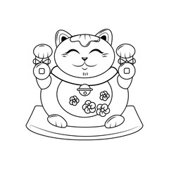 Fat smiling Japanese cat Maneki neko with bells is sitting on a pillow. A symbol of good luck and wealth. Contour illustration. Coloring book. Vector