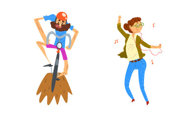 Elderly People Fun Leisure Activities Set, Seniors Riding Bike and Dancing Cartoon Vector Illustration