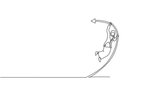 Animated self drawing of single continuous line draw young professional female Arab entrepreneur pole vault jump to reach winning trophy. Minimalism metaphor concept. Full length one line animation.