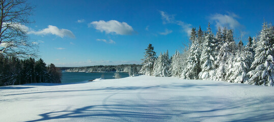 winter landscape with snow by the bay