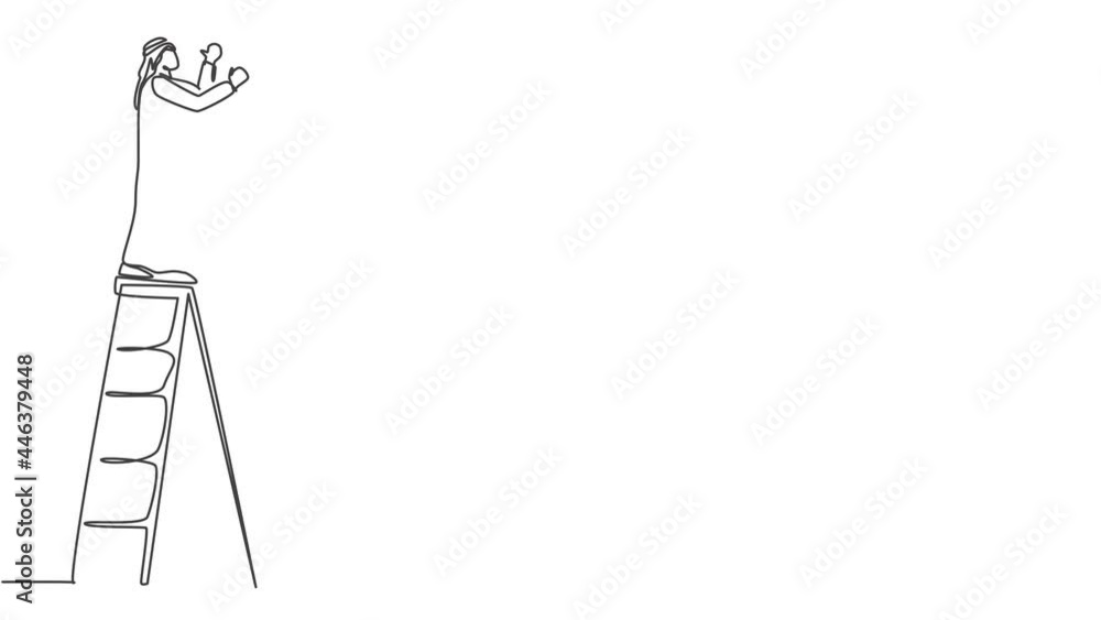 Poster self drawing animation of single one line draw young arabic male handyman fixing the broken wall usi