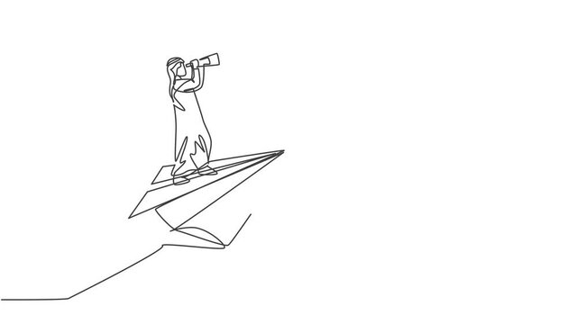 Self drawing animation of single one line draw Arab male entrepreneur flying with paper plane, analyze business opportunity. Business growth minimal concept. Continuous line draw. Full length animated