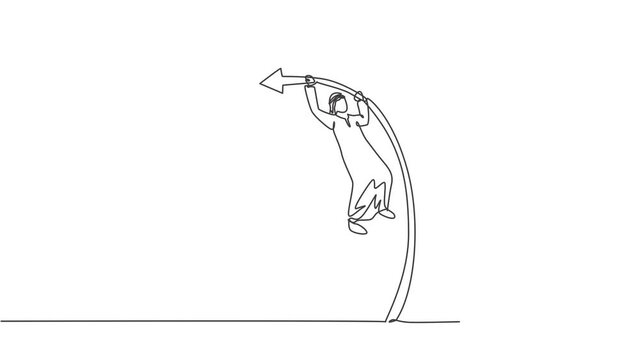 Animated self drawing of single continuous line draw young Arabic businessman jump pole vaulting get winning trophy. Strategy to reach business goal. Minimalism concept. Full length one line animation