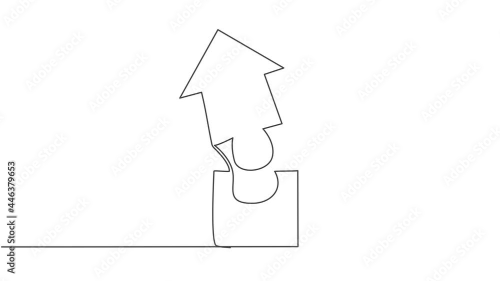 Poster self drawing animation of single one line draw puzzle jigsaw piece form up arrow shape symbol. busin