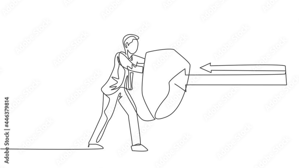 Poster animated self drawing of continuous one line draw young handsome male worker holding arrows attack u