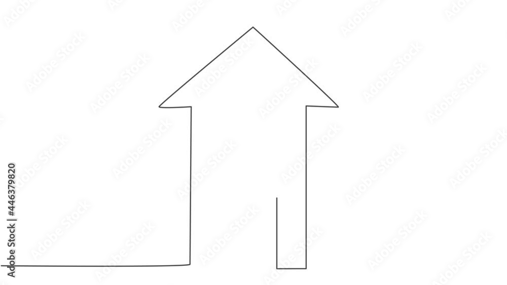 Poster self drawing animation of single one line draw house building shape with up arrow symbol. business f