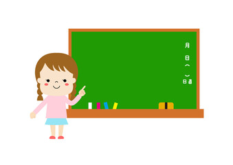 黒板と黒板を指さしている女の子