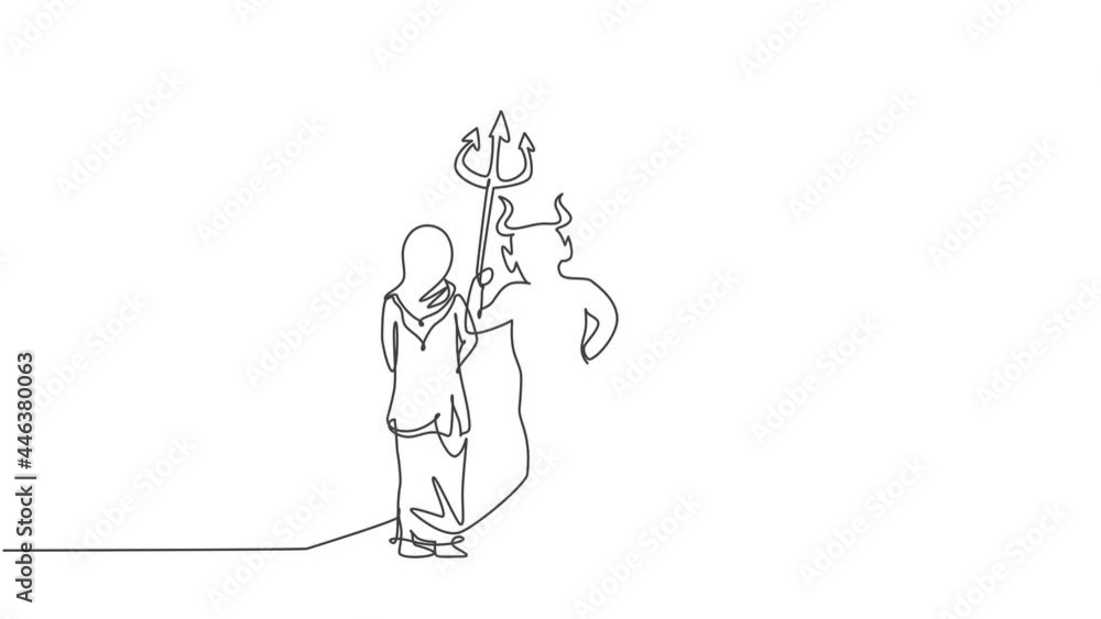 Poster Self drawing animation of single one line draw young smart Arab business woman facing devil shadow on arrow up symbol wall. Evil character minimal concept. Continuous line draw. Full length animated.