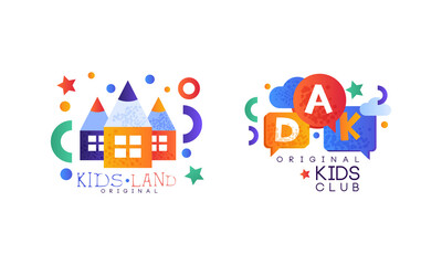 Kids Land Original Logo Design Set, Kindergarten, Playground, Game Area, Party for Children Bright Badges Flat Vector Illustration