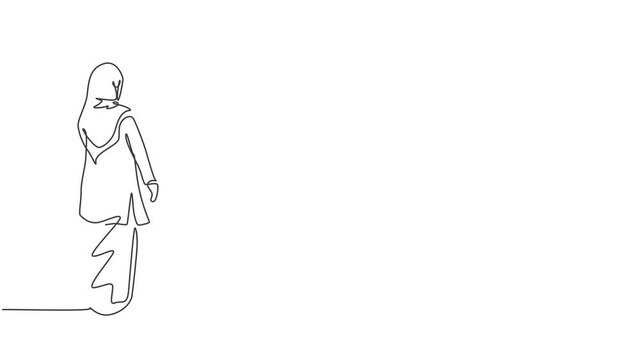 Animated self drawing of continuous one line draw young female Arabic worker looking back, rear view. Success business manager minimalist concept. Full length single line animation illustration.