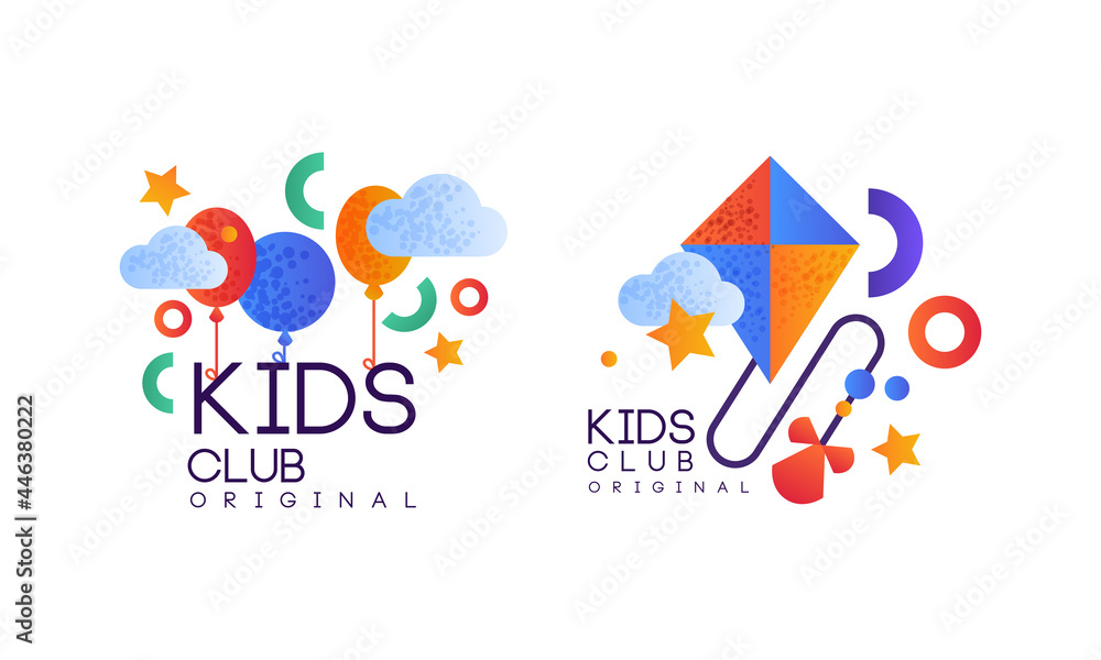 Sticker Kids Club Logo Original Set, Playground, Game Area Labels, Emblems Collection Flat Vector Illustration