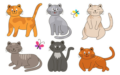Cats are cartoon and flat colorful, good-natured, in different colors, unusual faces, various poses set. Playful kittens, home pets. Bright butterflies fly around. Vector illustration