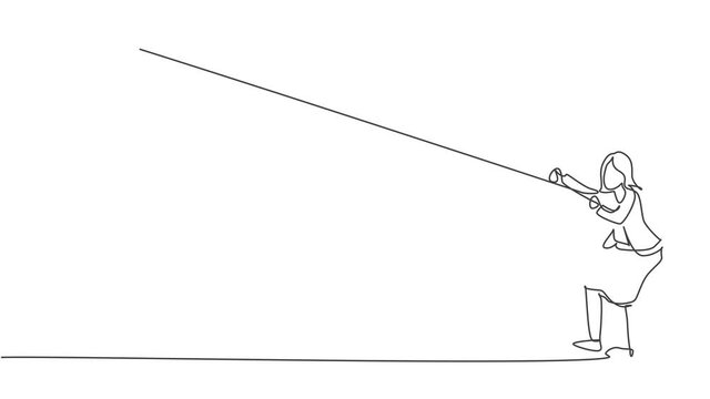 Animated self drawing of continuous one line draw young female entrepreneur pulling rope to reach goal, metaphor. Success business manager minimalist concept. Full length single line animation.