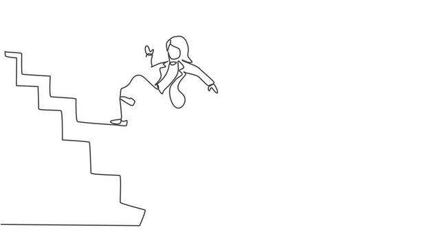 Self drawing animation of single continuous line draw young beauty businesswoman slip and falling down from upstairs. Bankruptcy metaphor. Minimalism concept one line draw. Full length animated.