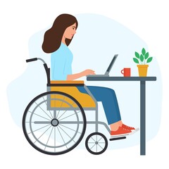 YDisabled young woman in Wheelchair Working on laptop in Home Office. Handicapped woman  at Workplace. Disabled people employment . Flat Vector Illustration.