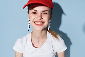 surprised girl in a red cap bright makeup decoration fashion summer