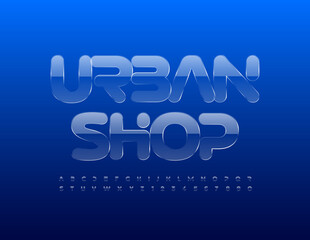 Vector business sign Urban Shop. Glass textured Font. Clear crystal Alphabet Letters and Numbers set